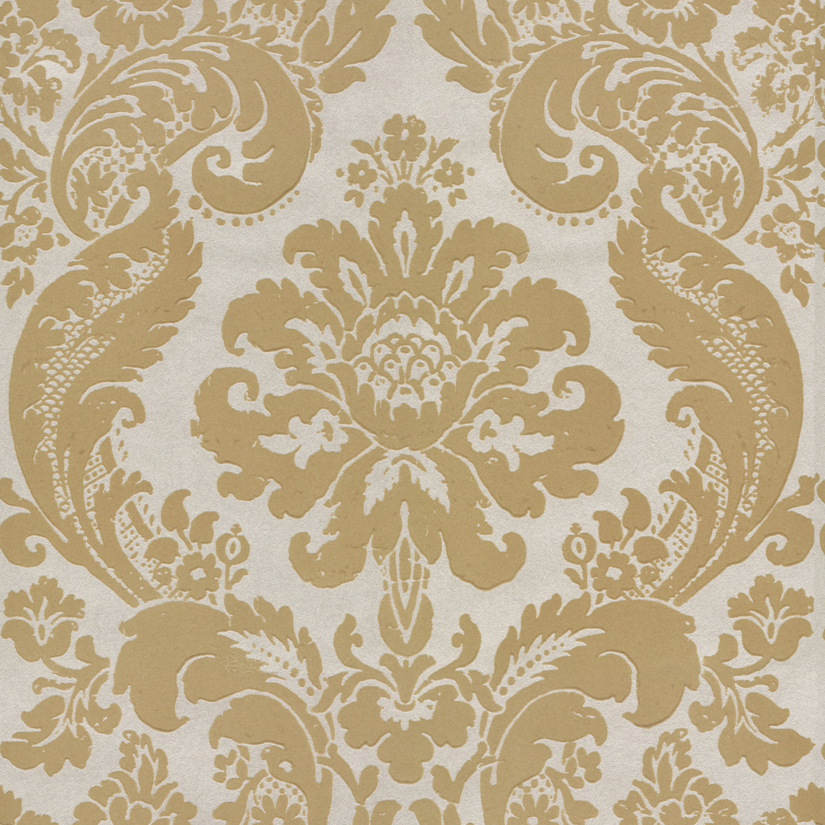 Shadow Flocked Damask Wallpaper by York Wallcoverings showcases a sophisticated beige and cream color palette, featuring symmetrical floral and leaf motifs with intricate detailing on a textured background.