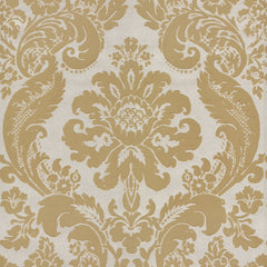 Shadow Flocked Damask Wallpaper by York Wallcoverings showcases a sophisticated beige and cream color palette, featuring symmetrical floral and leaf motifs with intricate detailing on a textured background.