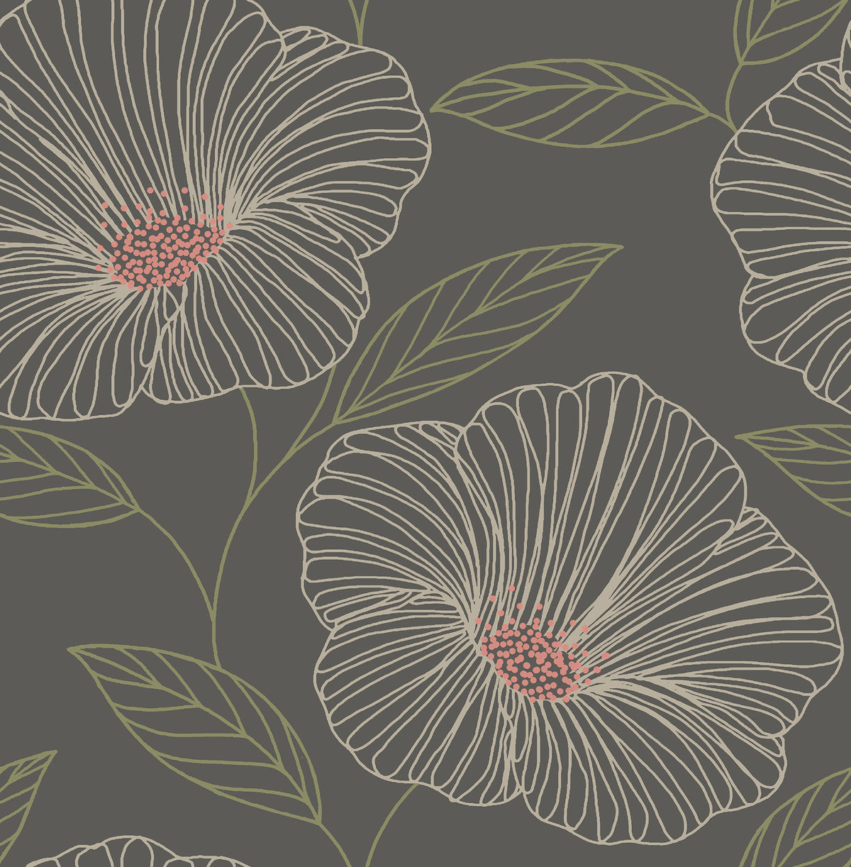 Mythic Wallpaper by York Wallcoverings features a seamless pattern of large, cream-colored flowers with pink centers and light green leaves on a dark gray background, all rendered in an elegant, hand-drawn style.