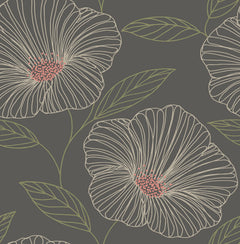 Mythic Wallpaper by York Wallcoverings features a seamless pattern of large, cream-colored flowers with pink centers and light green leaves on a dark gray background, all rendered in an elegant, hand-drawn style.