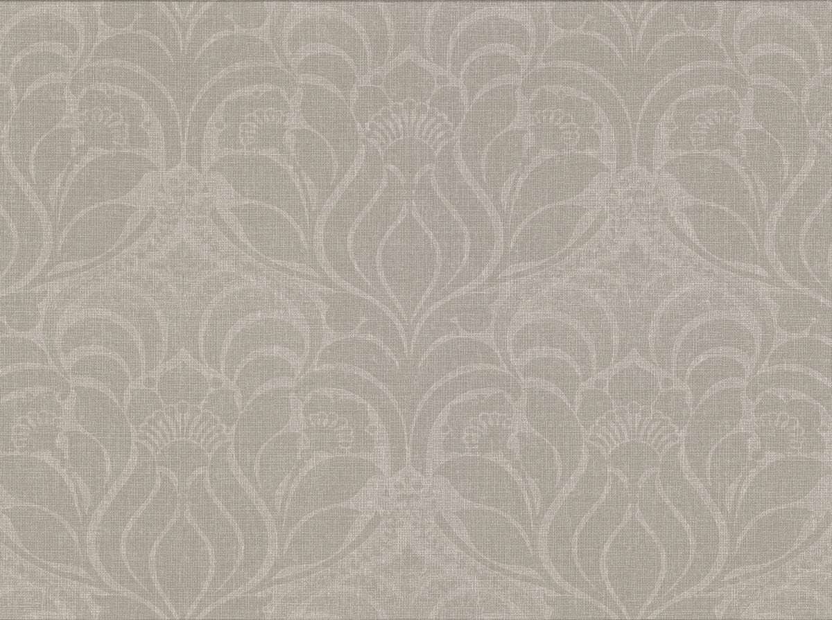 Sandor Damask Wallpaper by York Wallcoverings features an ornate, light gray damask pattern with floral and leaf motifs on a textured background. This symmetrical and decorative design adds an elegant, vintage-inspired touch to any space.