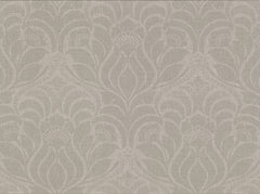 Sandor Damask Wallpaper by York Wallcoverings features an ornate, light gray damask pattern with floral and leaf motifs on a textured background. This symmetrical and decorative design adds an elegant, vintage-inspired touch to any space.