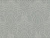 Sandor Damask Wallpaper by York Wallcoverings features a light grey background with a repeating, ornate floral pattern of stylized leaves and flowers. The subtle, textured linen-like backdrop adds elegance and classic charm to any space.