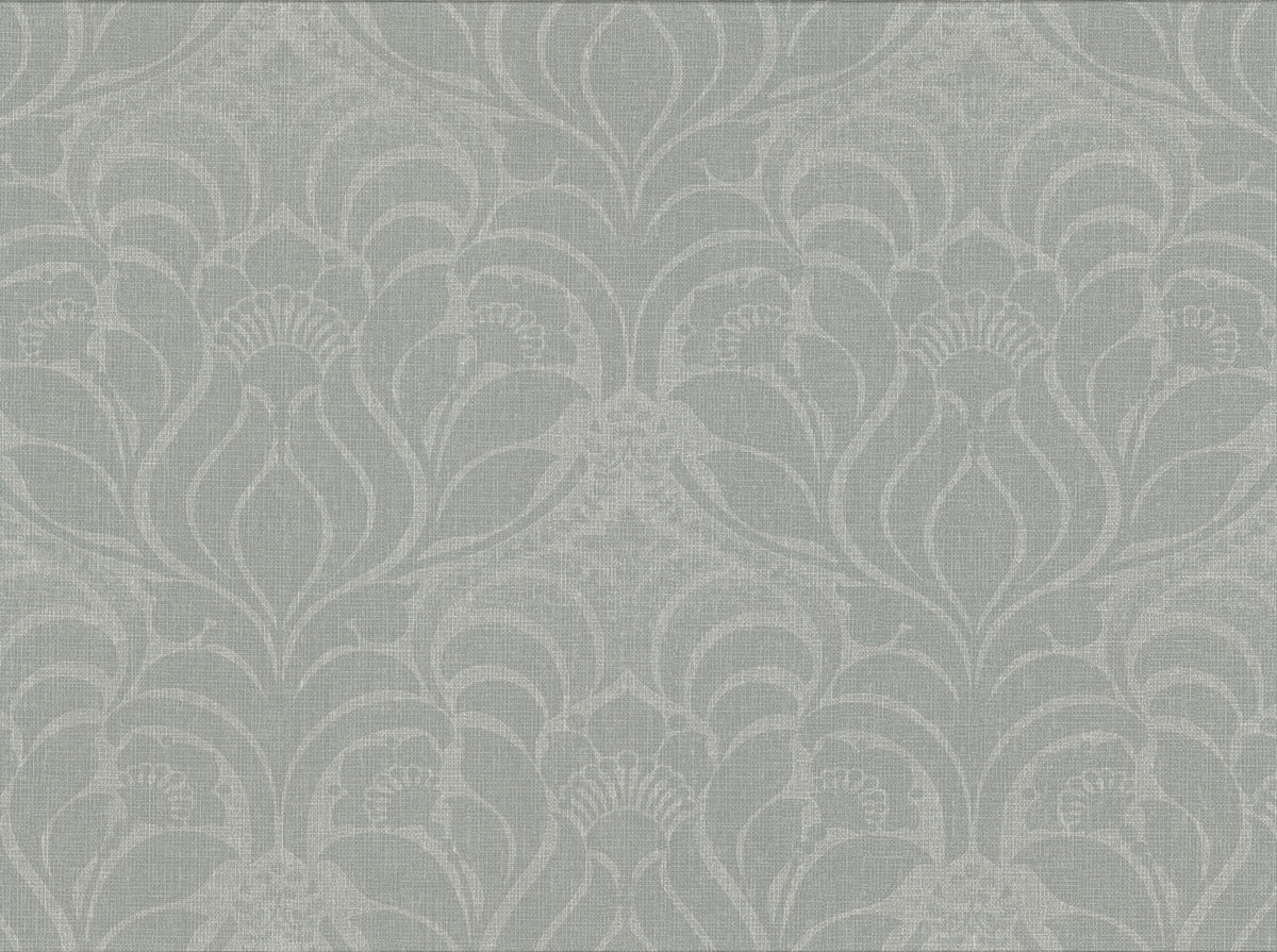 Sandor Damask Wallpaper by York Wallcoverings features a light grey background with a repeating, ornate floral pattern of stylized leaves and flowers. The subtle, textured linen-like backdrop adds elegance and classic charm to any space.