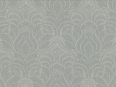 Sandor Damask Wallpaper by York Wallcoverings features a light grey background with a repeating, ornate floral pattern of stylized leaves and flowers. The subtle, textured linen-like backdrop adds elegance and classic charm to any space.