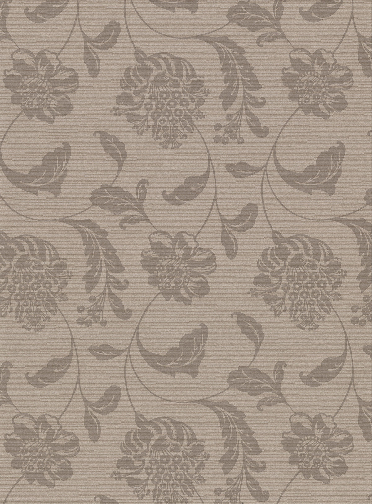 Holiday Jacobean Wallpaper by York Wallcoverings features a beige background with large, stylized flowers and curved light brown leaves on subtle stripes.