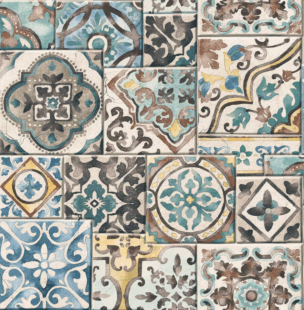 Featuring intricate geometric and floral patterns in vintage Mediterranean style, the Estrada Marrakesh Tiles Wallpaper by York Wallcoverings showcases a collage of decorative ceramic tile designs in blue, gray, cream, and gold tones.