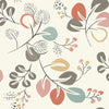 Transform your space with the Jonah Leaf Trail Wallpaper by York Wallcoverings, featuring a whimsical and organic abstract pattern of hand-drawn leaves and branches in pastel shades of red, teal, yellow, and brown set against a soft cream background for a modern touch.