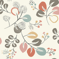 Transform your space with the Jonah Leaf Trail Wallpaper by York Wallcoverings, featuring a whimsical and organic abstract pattern of hand-drawn leaves and branches in pastel shades of red, teal, yellow, and brown set against a soft cream background for a modern touch.