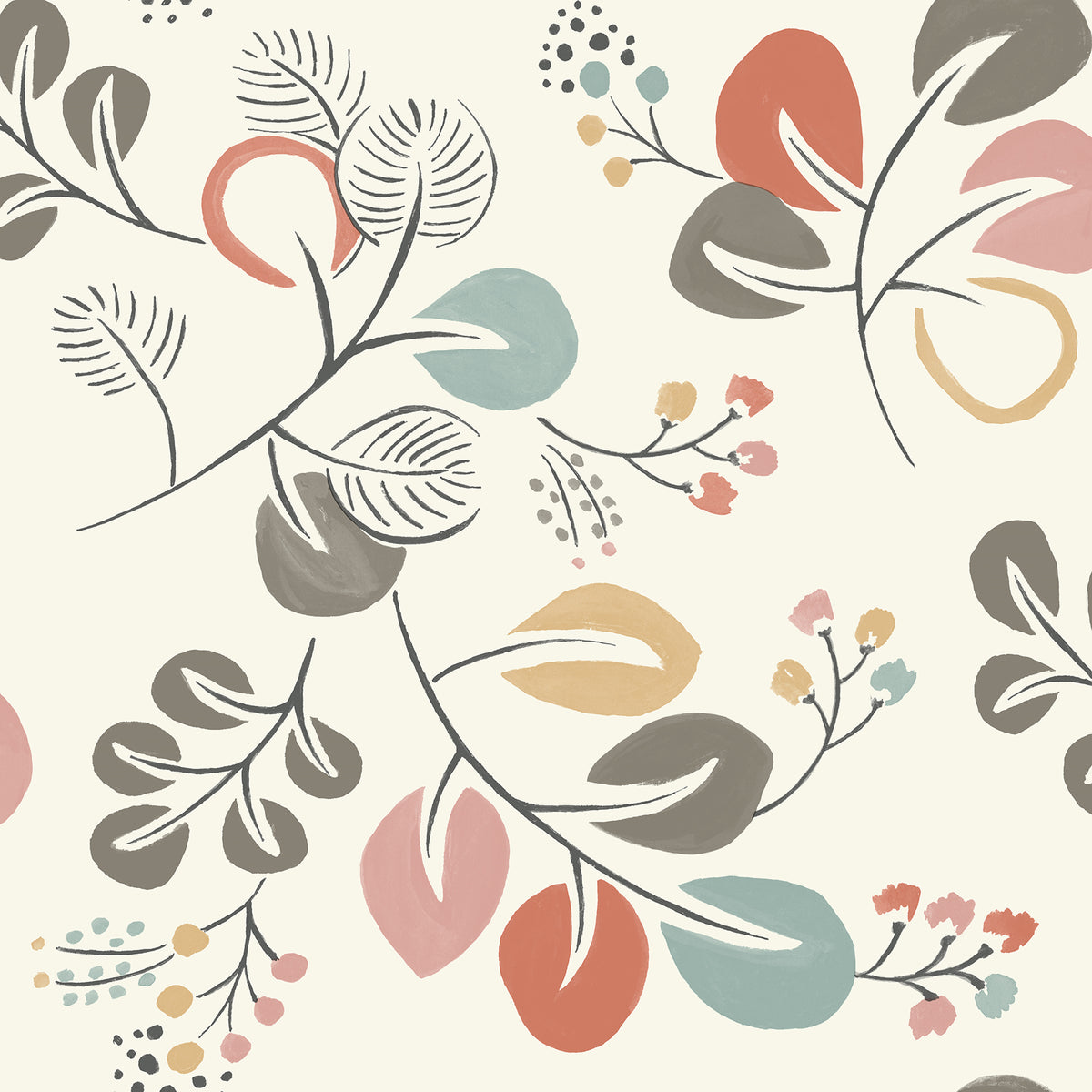 Jonah Leaf Trail Wallpaper by York Wallcoverings features a seamless pattern of abstract leaves and branches in muted shades of red, green, gold, and gray on a light beige background. This minimalist and artistic design offers a sophisticated touch to any space.