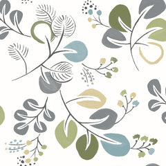 Discover the Jonah Leaf Trail Wallpaper by York Wallcoverings, featuring a seamless pattern of abstract, hand-drawn leaves and branches in green, blue, yellow, and gray hues on a crisp white background. This light and airy design brings a botanical watercolor style to your space.