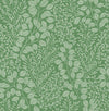 The Elin Berry Botanical Wallpaper by York Wallcoverings features a seamless, nature-inspired design with a white botanical pattern of leaves and berries set against a green background.