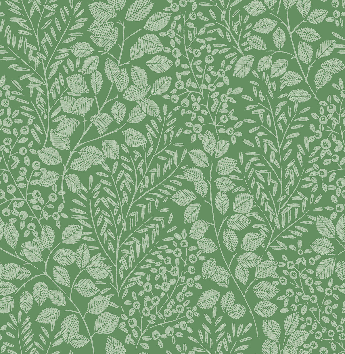 The Elin Berry Botanical Wallpaper by York Wallcoverings features a seamless, nature-inspired design with a white botanical pattern of leaves and berries set against a green background.