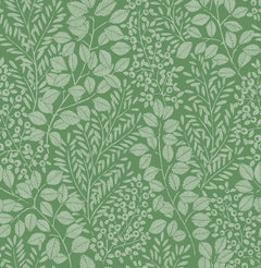 The Elin Berry Botanical Wallpaper by York Wallcoverings features a detailed white botanical pattern of leaves, branches, and berries densely arranged on a green background. This design creates a richly textured, natural look reminiscent of vintage botanical prints.