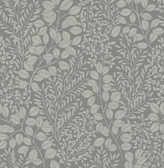 Introducing the Elin Berry Botanical Wallpaper by York Wallcoverings, featuring a seamless and elegant nature-inspired design with white leaves, branches, and berries set against a gray background.