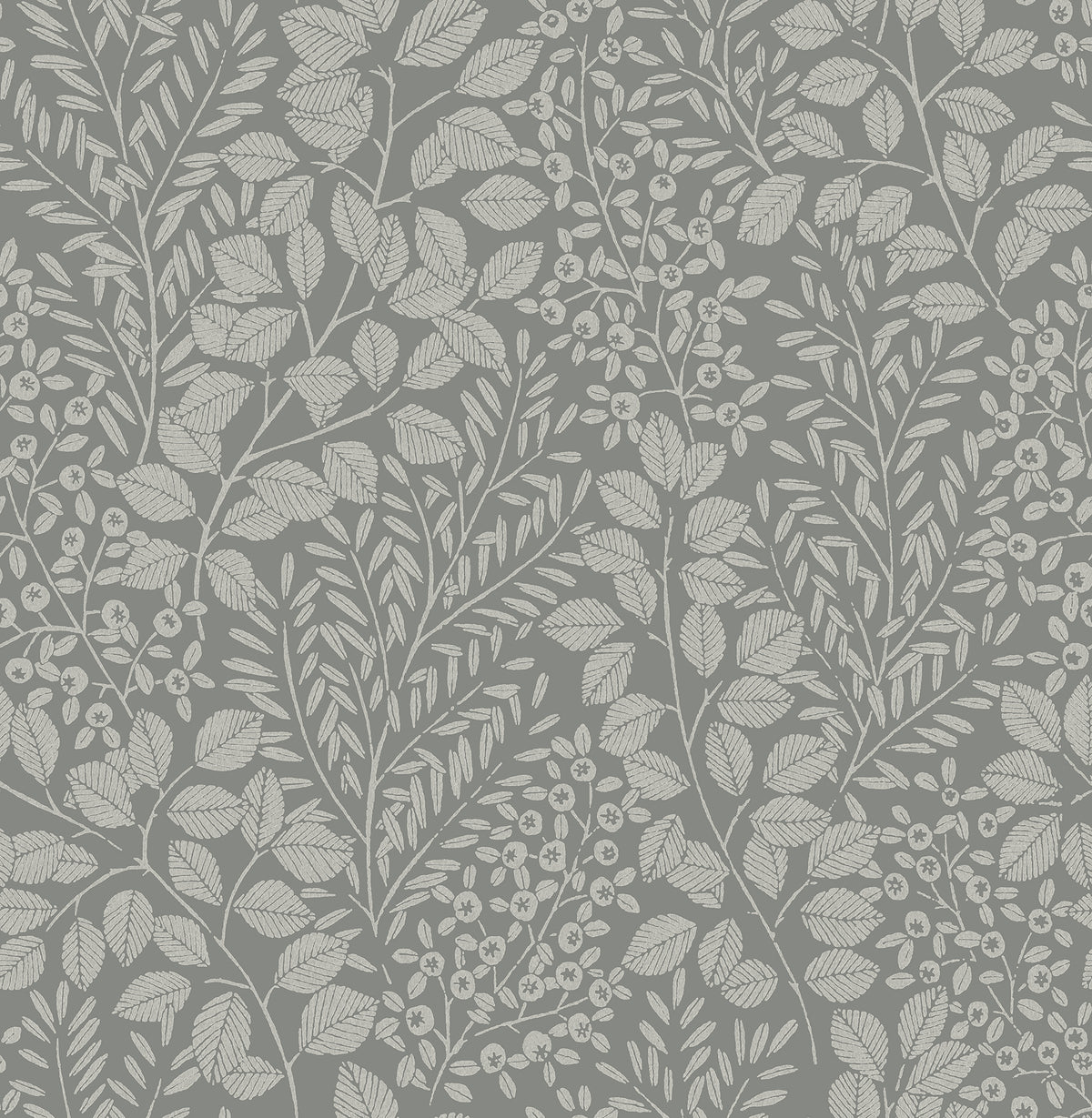 The Elin Berry Botanical Wallpaper by York Wallcoverings features a seamless, elegant design of white leaves and berries set against a gray background, creating a natural botanical pattern.