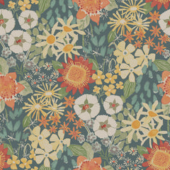 The Karina Wildflower Garden Wallpaper by York Wallcoverings features a vibrant and lively botanical design with colorful hand-painted flowers in shades of orange, yellow, and white, complemented by green leaves on a dark blue background.