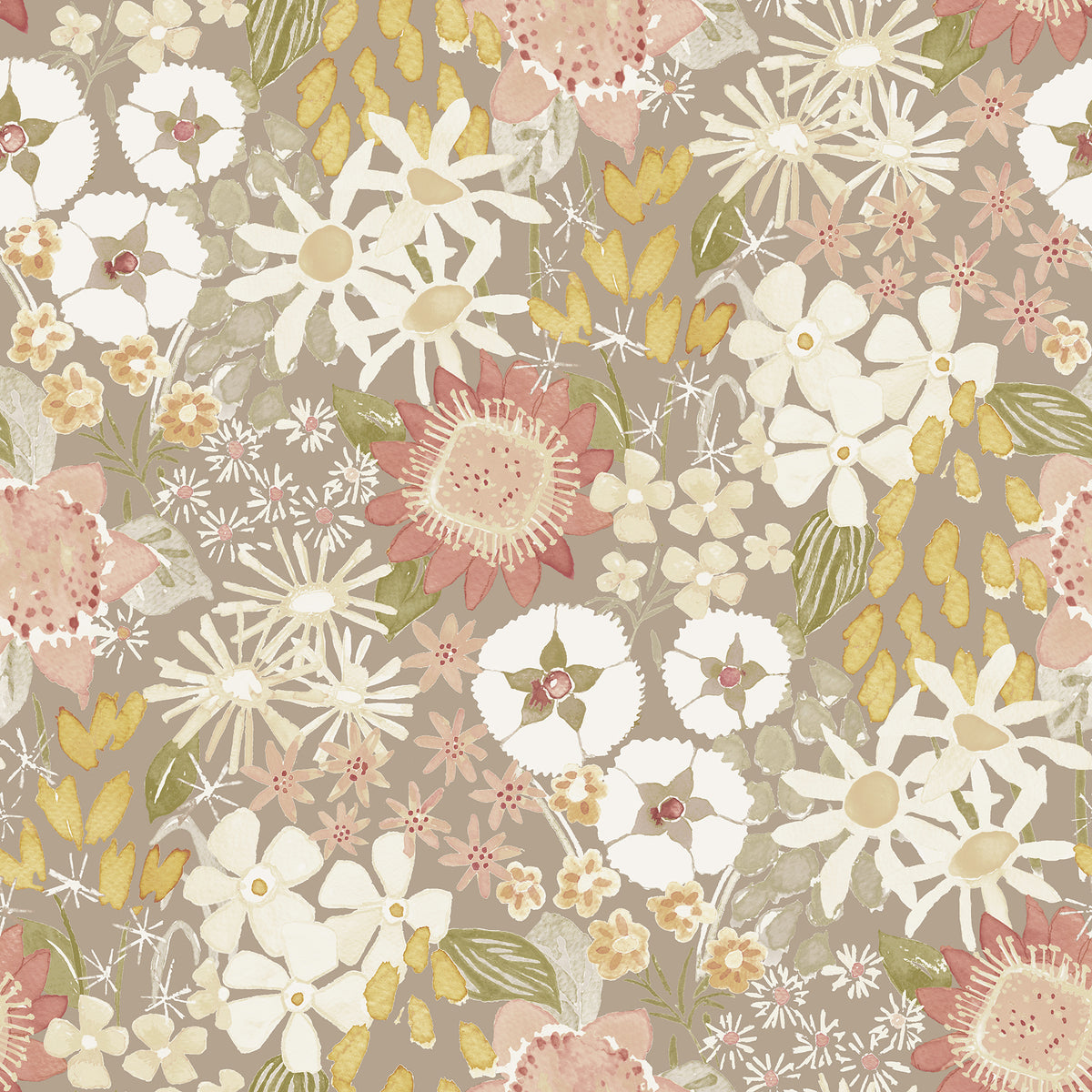 Introducing the Karina Wildflower Garden Wallpaper by York Wallcoverings, featuring a seamless pattern of hand-drawn white, cream, and blush pink flowers complemented by yellow leaves and green foliage on a taupe background. This design showcases a soft, vintage aesthetic with a textured watercolor finish.