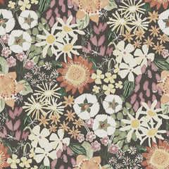 Karina Wildflower Garden Wallpaper by York Wallcoverings features a seamless pattern of watercolor-style wildflowers and leaves in soft pastel shades of white, yellow, orange, pink, and green set against a dark background.