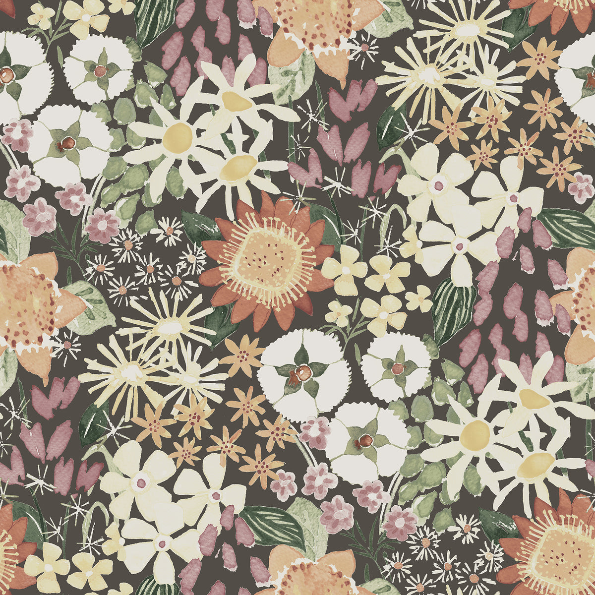 Introducing the Karina Wildflower Garden Wallpaper by York Wallcoverings, featuring a seamless design of hand-painted flowers and leaves in white, yellow, orange, and green hues set against a dark background.