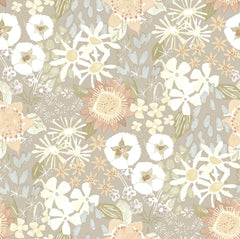 The Karina Wildflower Garden Wallpaper by York Wallcoverings features a seamless pattern of hand-drawn flowers and leaves in soft beige, cream, brown, and pale green tones, creating a delicate and vintage botanical design.
