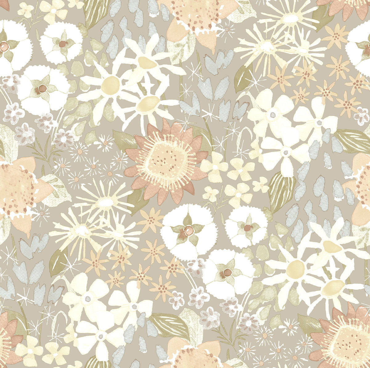 Karina Wildflower Garden Wallpaper by York Wallcoverings features a seamless pattern of hand-drawn flowers and leaves in soft pastel shades of beige, cream, yellow, and pale green, creating a delicate, vintage-inspired floral design.