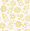 The Inge Floral Block Print Wallpaper by York Wallcoverings features a seamless pattern of yellow floral and leafy designs on a white background, with various flowers and leaves evenly spaced to create a simple and elegant decorative motif.