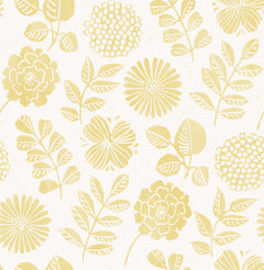 The Inge Floral Block Print Wallpaper by York Wallcoverings features a seamless pattern of yellow floral and leafy designs on a white background, with various flowers and leaves evenly spaced to create a simple and elegant decorative motif.