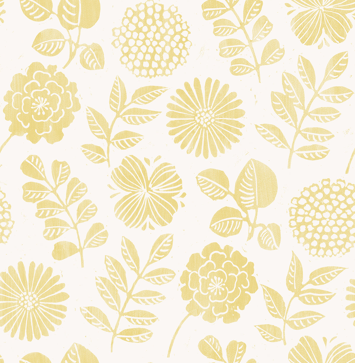 The Inge Floral Block Print Wallpaper by York Wallcoverings showcases a delicate botanical design with various yellow floral shapes and leafy stems set against a light beige background.