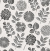 The Inge Floral Block Print Wallpaper by York Wallcoverings features a black and white design with various stylized flowers and leafy branches evenly spaced across a textured white background.