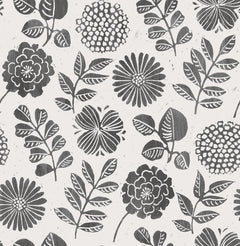 The Inge Floral Block Print Wallpaper by York Wallcoverings features a black and white design with various stylized flowers and leafy branches evenly spaced across a textured white background.