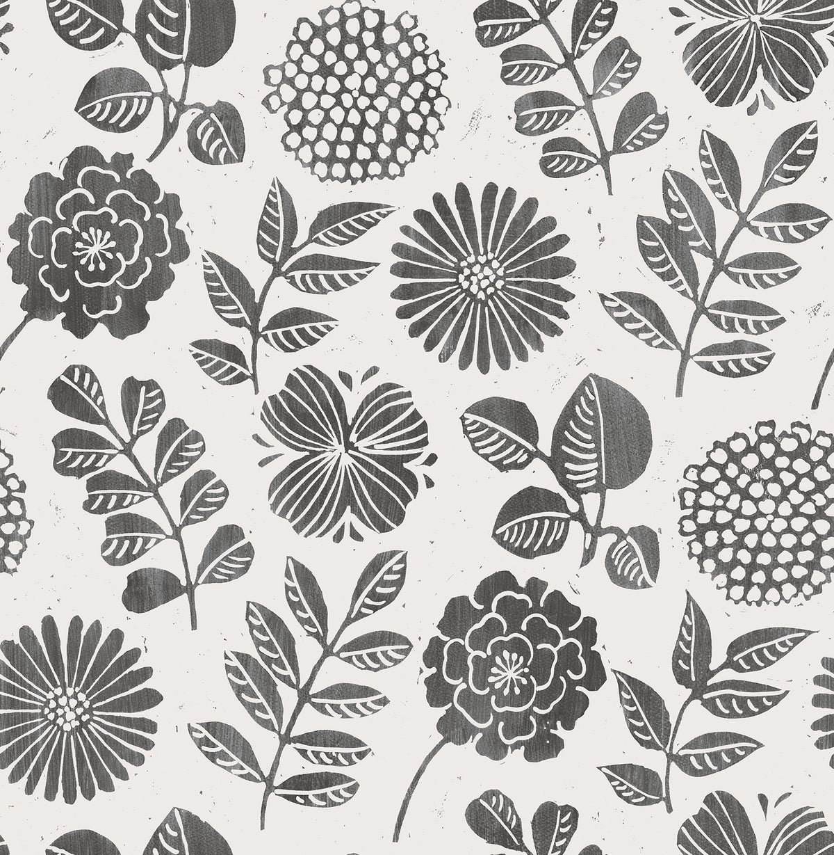 The Inge Floral Block Print Wallpaper by York Wallcoverings features a hand-drawn, black and white floral pattern with stylized flowers and leafy branches, arranged evenly across a textured white background for a charming, repetitive design.