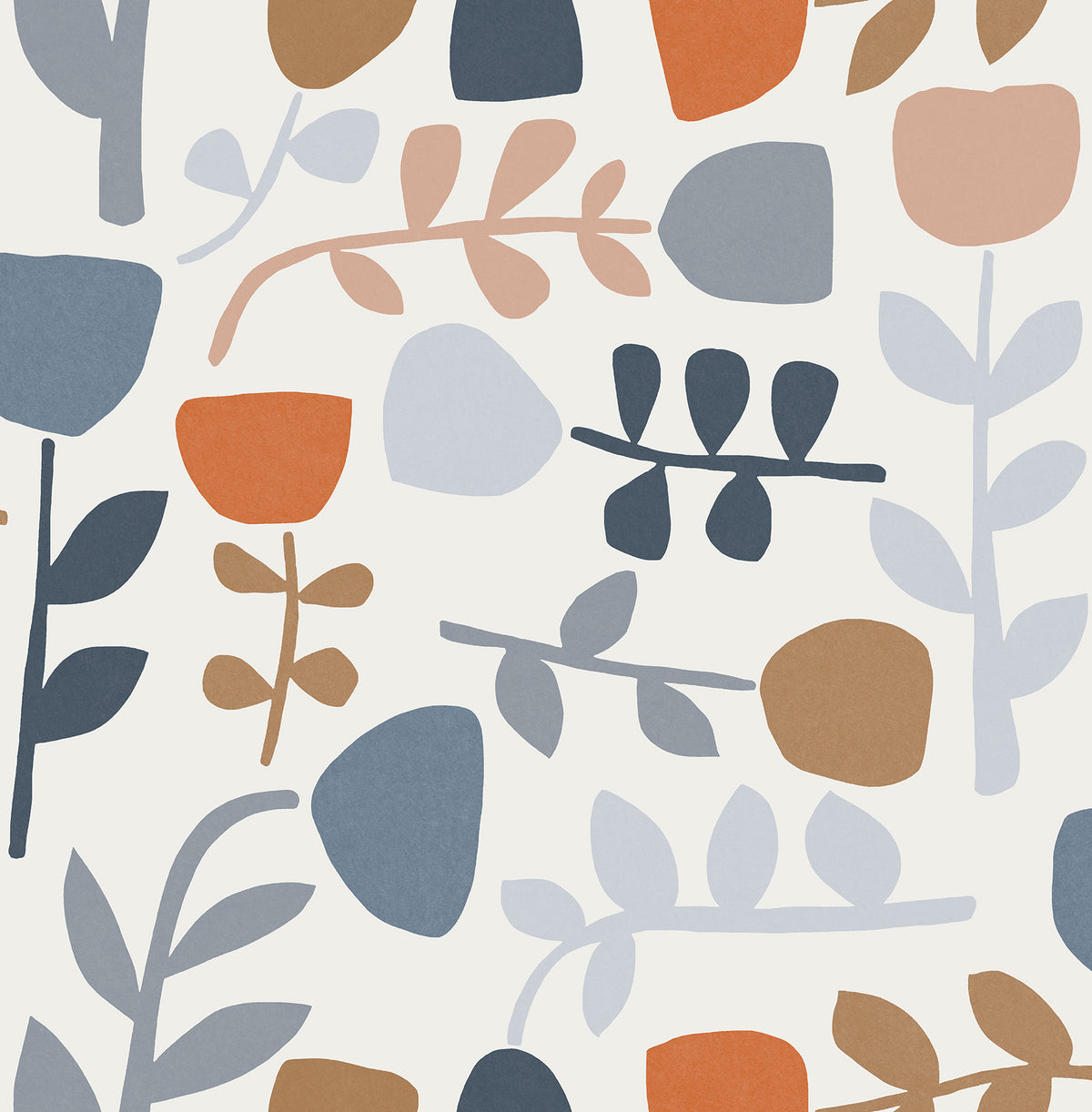 Introducing the Juni Abstract Tulips Wallpaper by York Wallcoverings, featuring a scattered, repeating design of simple, stylized tulip flowers and leaves in shades of blue, orange, beige, and brown on a crisp white background.