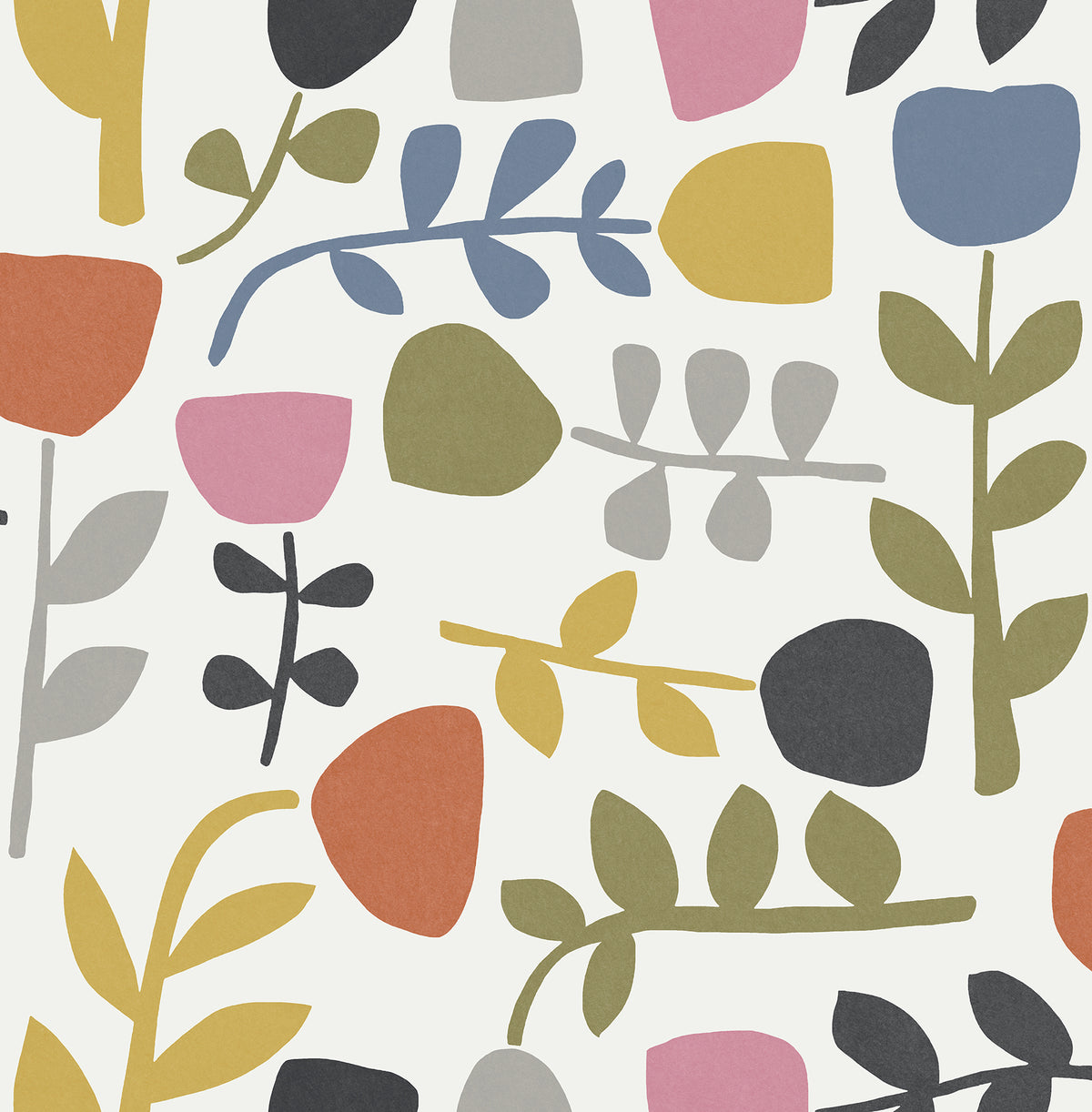 The Juni Abstract Tulips Wallpaper by York Wallcoverings features a playful, modern pattern of colorful abstract tulip shapes and leaves in shades of red, blue, yellow, green, pink, gray, and black scattered across a crisp white background.