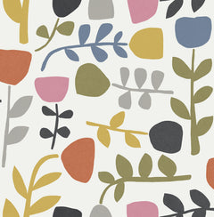Discover the Juni Abstract Tulips Wallpaper by York Wallcoverings, featuring a vibrant abstract floral pattern with stylized tulip shapes and leaves in shades of blue, pink, olive green, red, yellow, and gray set against a crisp white background.