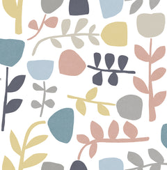 The Juni Abstract Tulips Wallpaper by York Wallcoverings features a simple, playful design of hand-drawn, stylized tulip and leaf shapes in pastel shades of blue, pink, yellow, gray, and beige on a crisp white background.