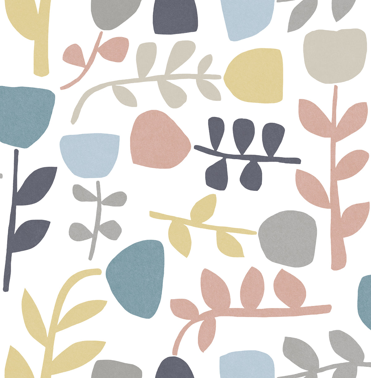 The Juni Abstract Tulips Wallpaper by York Wallcoverings features a random arrangement of stylized leaves, stems, and tulip-inspired flower shapes in muted pastel hues of blue, yellow, pink, and gray on a crisp white background.