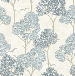 Lykke Textured Tree Wallpaper by York Wallcoverings features blue and gray stylized trees with beige branches and two small birds set against a light cream background, creating a calm, nature-inspired atmosphere.