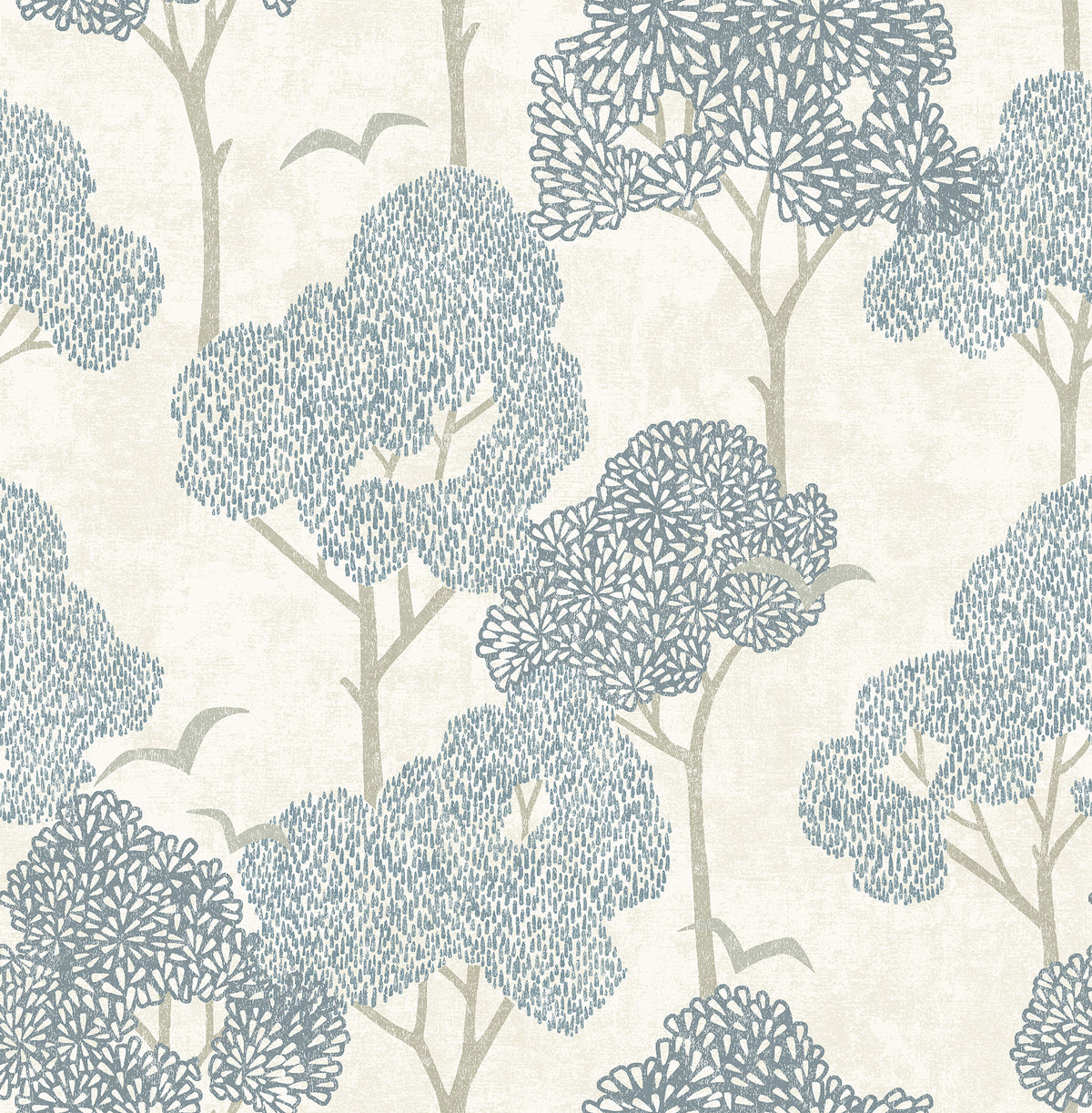 Lykke Textured Tree Wallpaper by York Wallcoverings features blue and gray stylized trees with textured foliage on a cream background, accented by two simple bird shapes in the sky. This minimal, patterned design adds serene elegance to any space.