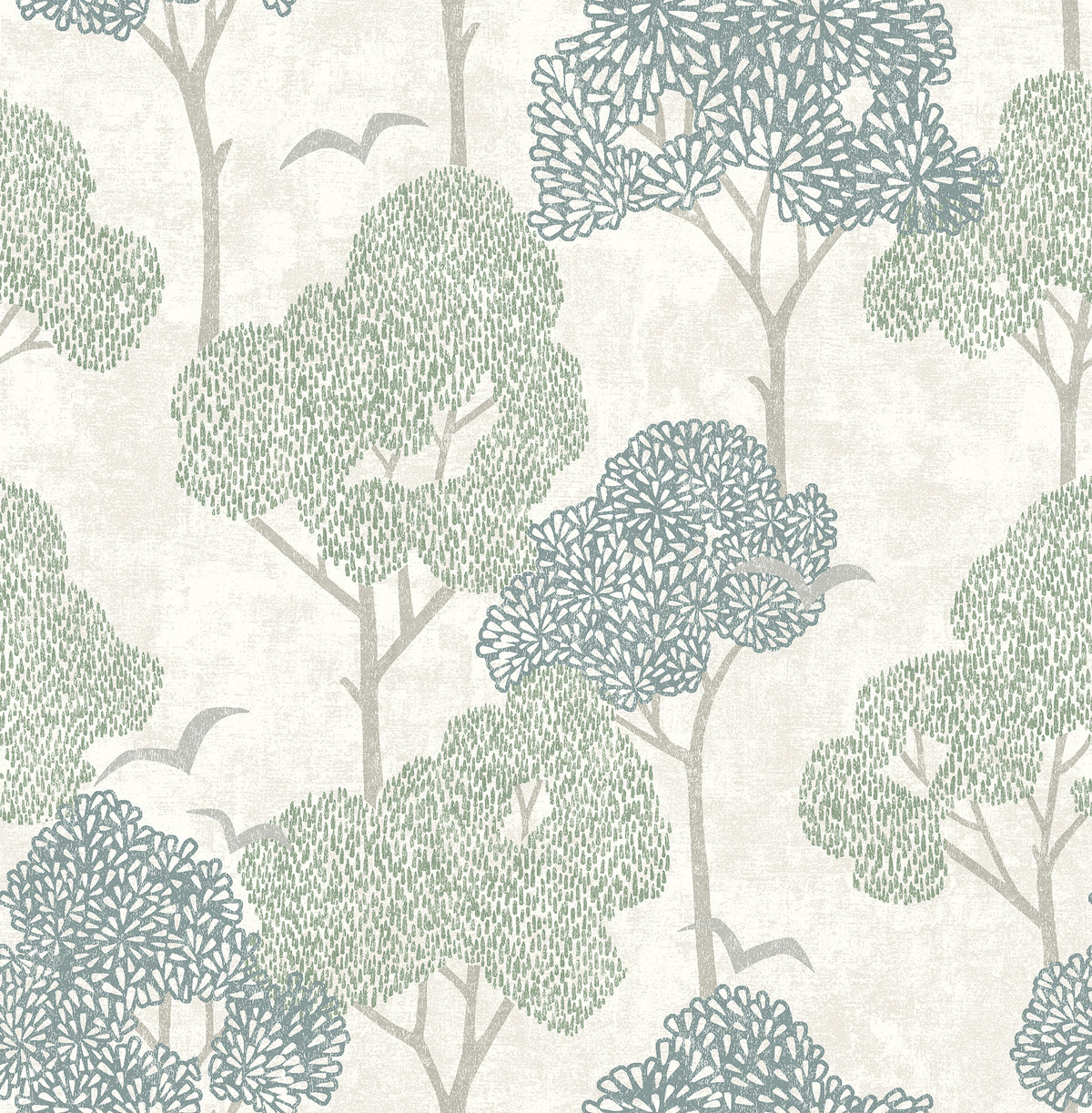 Lykke Textured Tree Wallpaper by York Wallcoverings features a simple, nature-inspired design with green and blue stylized trees, gray branches, and subtle bird shapes on a light beige background.