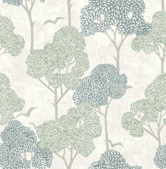 Lykke Textured Tree Wallpaper by York Wallcoverings features a simple, nature-inspired design with green and blue stylized trees, gray branches, and subtle bird shapes on a light beige background.