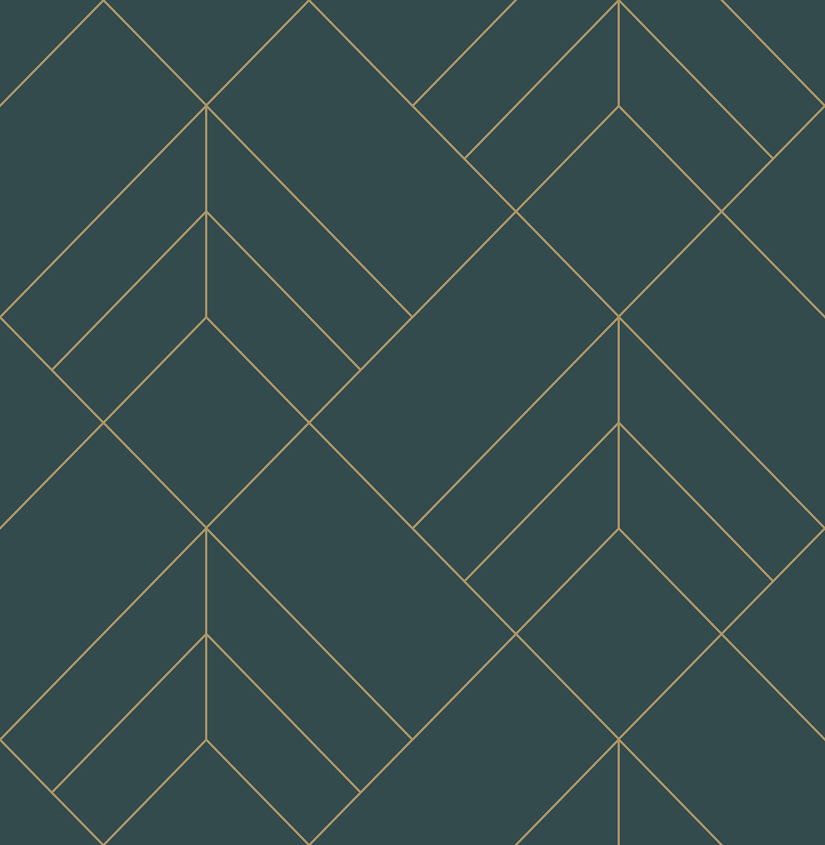 The Sander Geometric Wallpaper by York Wallcoverings features a dark teal background adorned with thin, intersecting gold lines that create symmetrical, repeating geometric patterns—including diamonds, chevrons, and triangles.