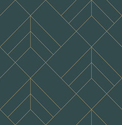 The Sander Geometric Wallpaper by York Wallcoverings features a dark teal background adorned with thin, intersecting gold lines that create symmetrical, repeating geometric patterns—including diamonds, chevrons, and triangles.