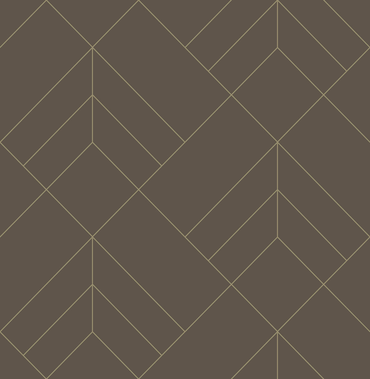 The Sander Geometric Wallpaper by York Wallcoverings features a striking geometric pattern of slim yellow lines that create interlocking diamond and chevron designs set against a rich dark brown background.