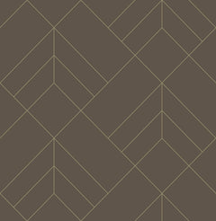 The Sander Geometric Wallpaper by York Wallcoverings features a striking geometric pattern of slim yellow lines that create interlocking diamond and chevron designs set against a rich dark brown background.