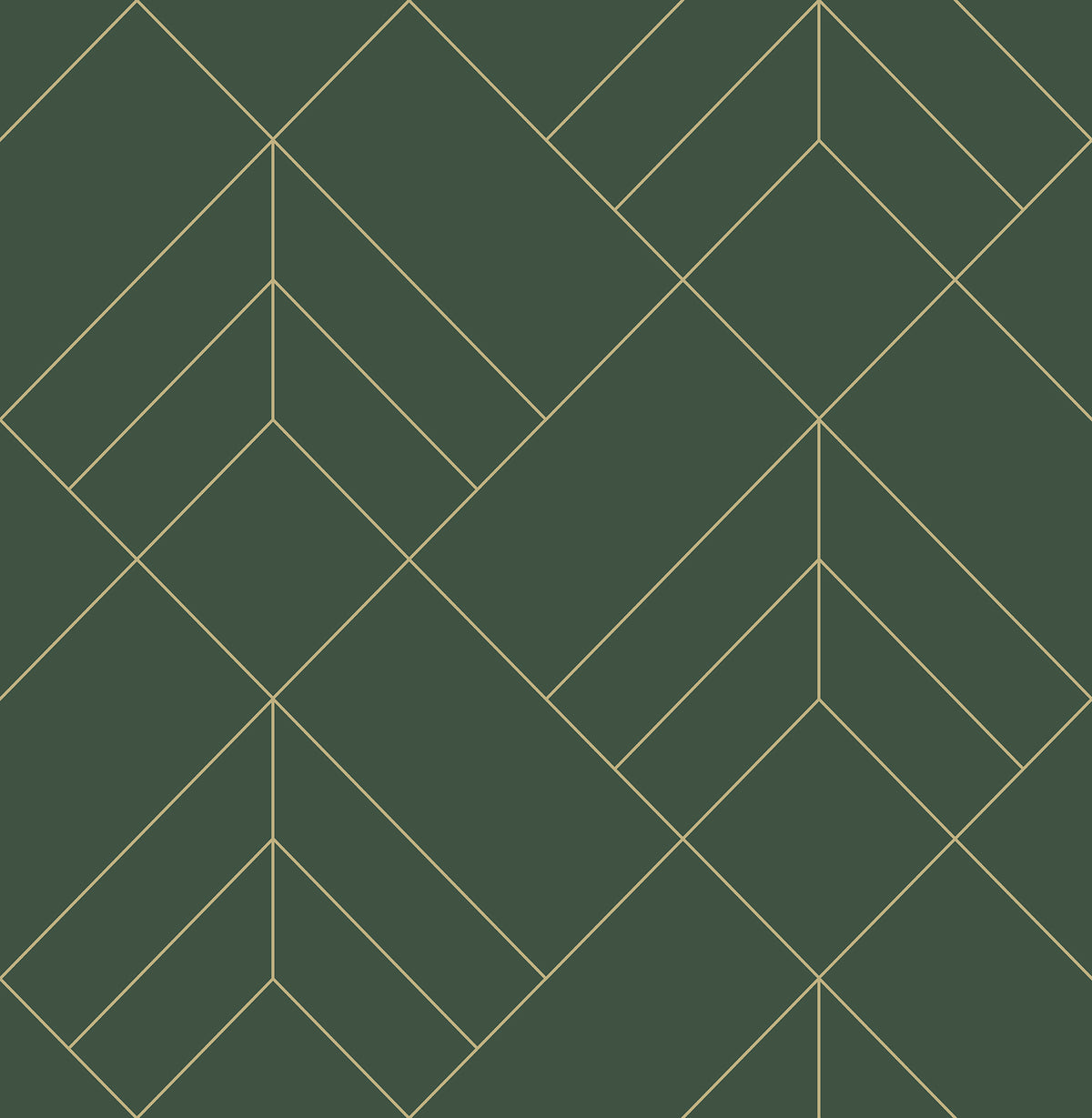 The Sander Geometric Wallpaper by York Wallcoverings features a repeating, abstract geometric pattern of thin, light yellow lines forming angular, interlocking shapes on a dark green background, creating a symmetrical and visually striking effect.