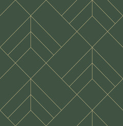 The Sander Geometric Wallpaper by York Wallcoverings features a repeating, abstract geometric pattern of thin, light yellow lines forming angular, interlocking shapes on a dark green background, creating a symmetrical and visually striking effect.