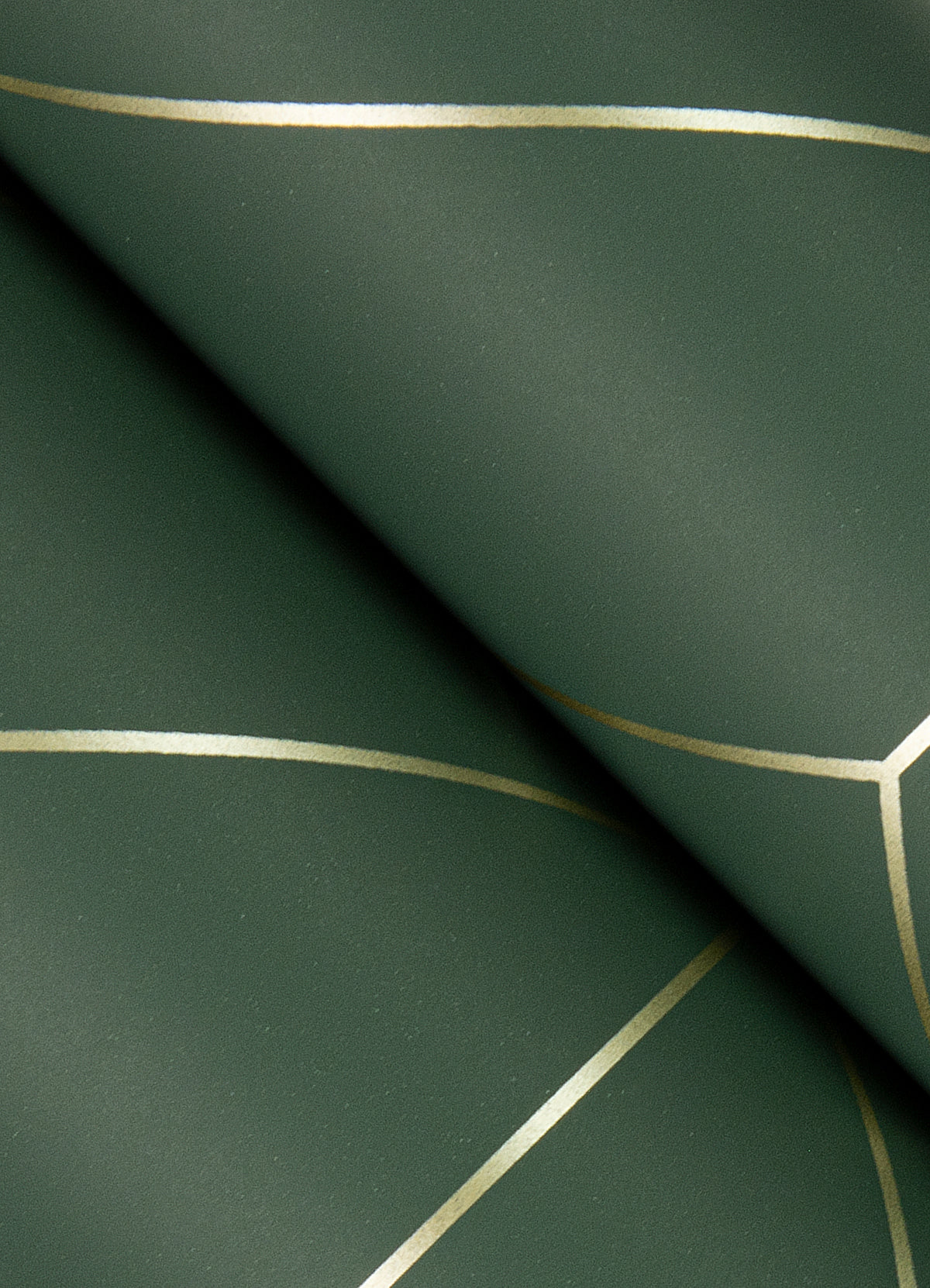 Transform your space with Sander Geometric Wallpaper by York Wallcoverings, featuring a dark green background adorned with thin, intersecting gold lines that create elegant geometric shapes. Displayed in overlapping layers, the wallpaper reveals a subtle shadow effect for added depth.