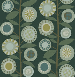 Sure! Here’s a rewritten version using your product data: The Sisu Floral Geometric Wallpaper by York Wallcoverings features a stylized pattern of circular flowers with geometric designs in muted green, blue, and beige tones, neatly arranged along leafy brown stems on a dark green background.