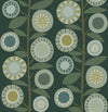 Introducing the Sisu Floral Geometric Wallpaper by York Wallcoverings, featuring a seamless pattern of stylized circular flowers with geometric centers and green leaves on dark stems, all set against a rich background in shades of green, blue, and beige.